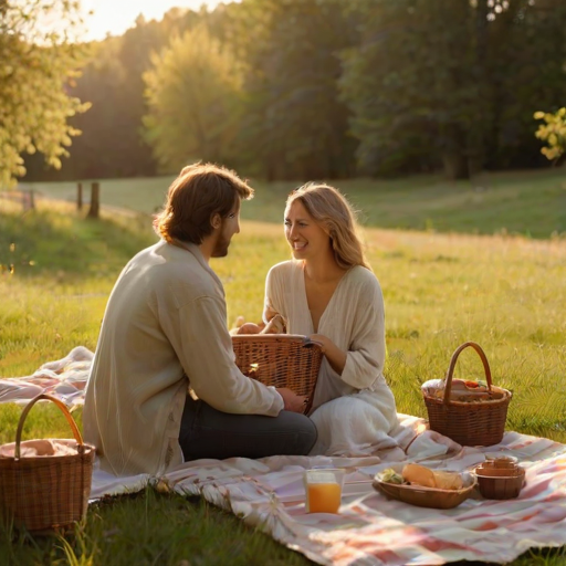 Warmly lit image of a couple sharing a picnic in a meadow at sunset, soft golden light casting long shadows on the grass, with a wicker basket and blanket scattered with food and drinks nearby.