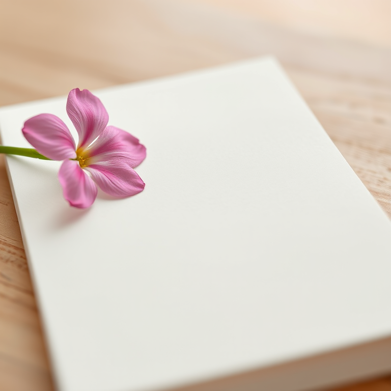 a blank notepad with a pink flower on the top left corner, shot in natural lighting, close-up view, with a shallow depth of field, using a Canon EOS R5 with a 50mm f/1.8 lens, aperture set to f/2.8, ISO 100