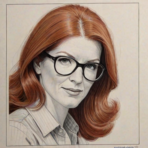 Pleasing Kate Flannery, pencil sketch, portrait of Alluring woman 1979s in glasses, hair style beatnik, outline, clear lines, fine lines, 8k