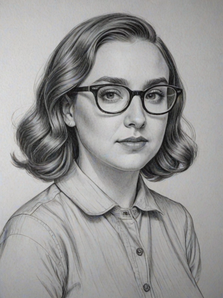 Sublime Lena Dunham, pencil sketch, portrait of Gorgeous woman 1939s in glasses, hair style beatnik, outline, clear lines, fine lines, 8k
