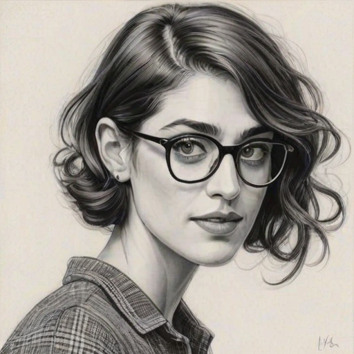 Bewitching Lizzy Caplan, pencil sketch, portrait of Ravishing woman 1937s in glasses, hair style beatnik, outline, clear lines, fine lines, 8k
