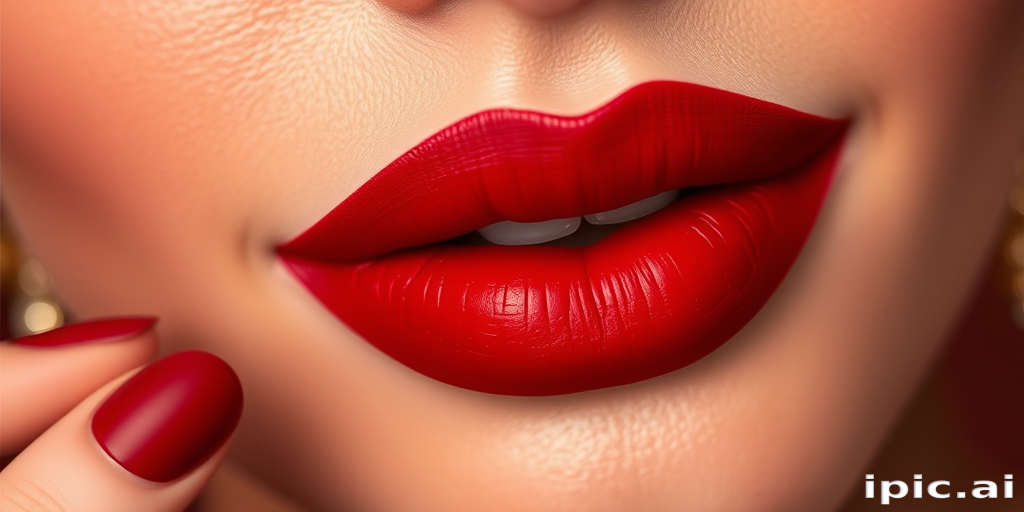 Opulent "Ruby Royale" liquid lipstick adorns lips in rich, jewel-toned red with a velvety matte finish and exceptional color payoff for timeless glamour
