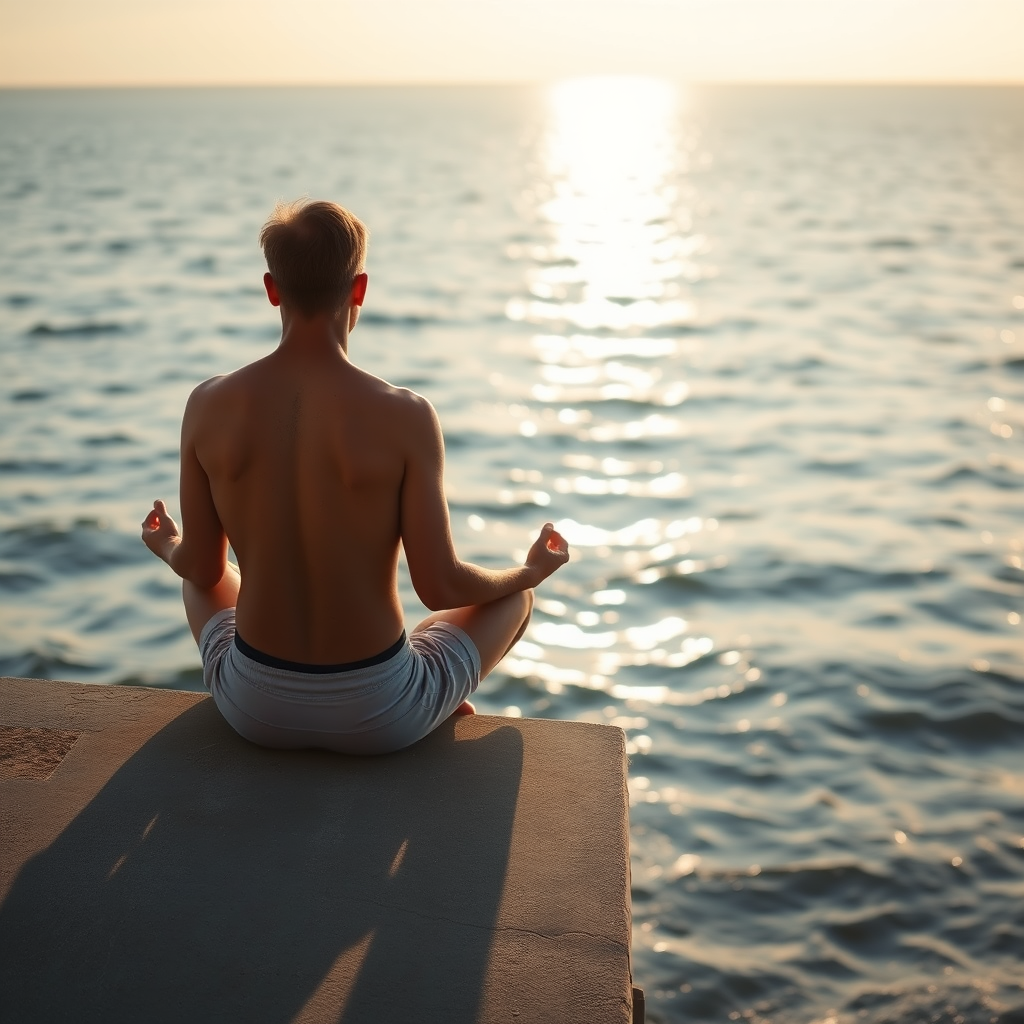 Capture a serene scene of a person meditating near the ocean, focusing on the back of a shirtless man sitting cross-legged on a concrete platform, with the sun reflecting on the water, use a Canon EOS R5 with a 35mm lens, f/2.8 aperture, ISO 100, at golden hour for soft lighting and enhanced colors.