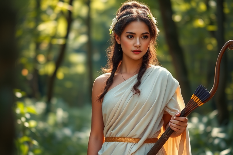 Create a portrait of a goddess-like Maori girl figure in a tranquil, forested environment. She has an elegant appearance with long, wavy hair styled in an updo and adorned with a delicate, floral headband. She wears a flowing, ancient Greek-inspired gown in a soft, pale color, featuring a one-shoulder design and draped fabric that accentuates her graceful form. The outfit includes a decorative belt with ornate gold detailing, and she holds a bow in her hand, with a quiver of arrows slung over her shoulder. The background depicts lush greenery, with sunlight filtering through the trees, casting a gentle, ethereal light on the scene. Her expression is calm and contemplative, embodying a sense of wisdom and serenity.