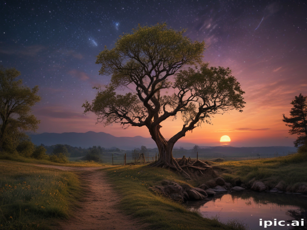 Majestic Sunset Over Serene Landscape with Tree and Mountain View