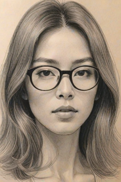 Fascinating Eleanore Matsuura, pencil sketch, portrait of Stunning woman 1972s in glasses, hair style beatnik, outline, clear lines, fine lines, 8k