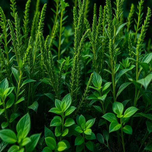 Create a vivid depiction of lush green plants with varying heights and textures, captured with a DSLR camera in aperture priority mode, f/2.8 for a shallow depth of field, ISO 100 for low noise, shot from a low angle to emphasize the foliage against a dark background, with soft natural light to enhance the details and saturation.