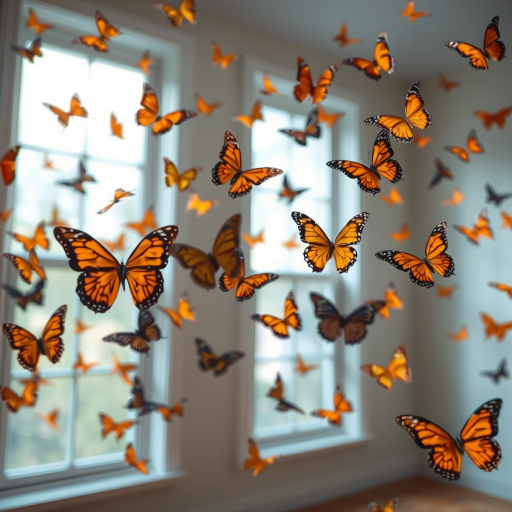 Create an image of a room with a large window in the background. The window should be slightly open, allowing a soft light to illuminate the space. Fill the air with numerous colorful butterflies in shades of orange, yellow, and black, appearing to flutter gently around the room. The overall atmosphere should feel serene and enchanting, capturing the beauty of nature indoors.