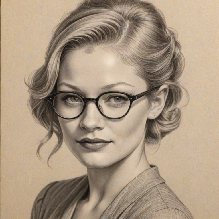Dazzling Emilie de Ravin, pencil sketch, portrait of Beauteous woman 1934s in glasses, hair style beatnik, outline, clear lines, fine lines, 8k