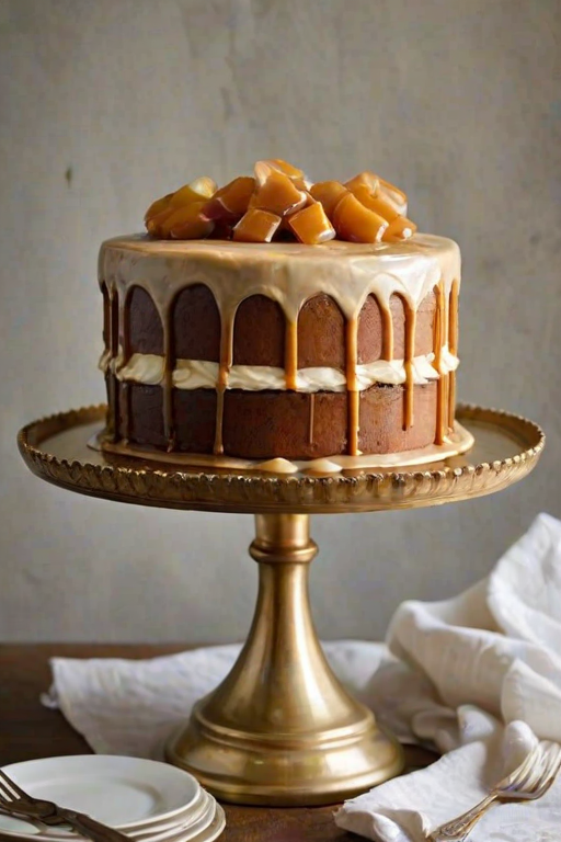 Create an image of a tall, layered cake displayed on a vintage gold cake stand. The cake should have a smooth, creamy frosting with a glossy caramel drizzle on top. Surround the cake with a rustic white tablecloth and a glass jar of caramel sauce in the background. Include some vintage utensils nearby for a charming touch.