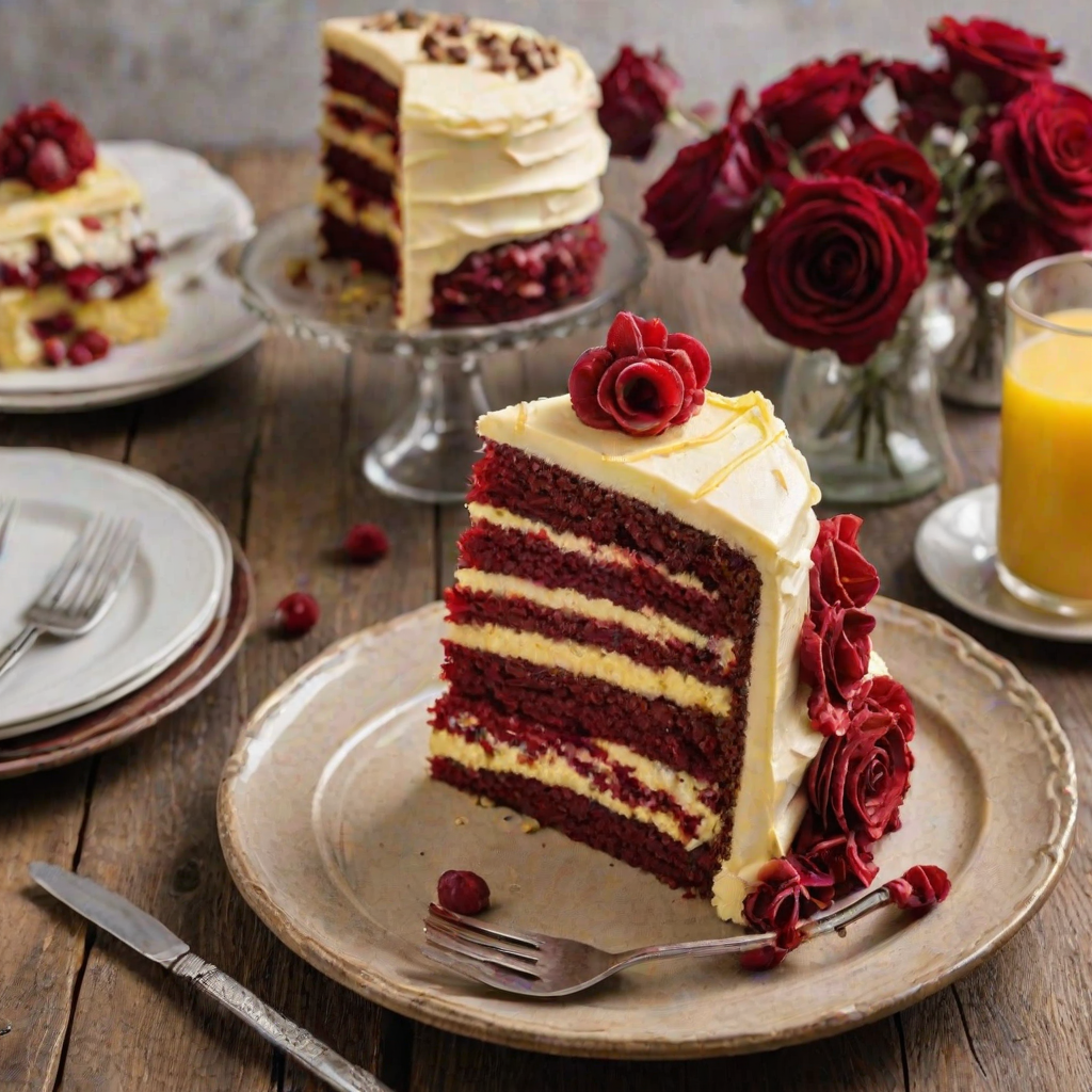 Create an image of a beautifully layered cake with a yellow frosting exterior and red velvet layers inside. The cake should be sliced to show the contrasting layers, and it should be presented on a round white plate with a rustic wooden background. Include a fork on a stack of small white plates beside the cake.