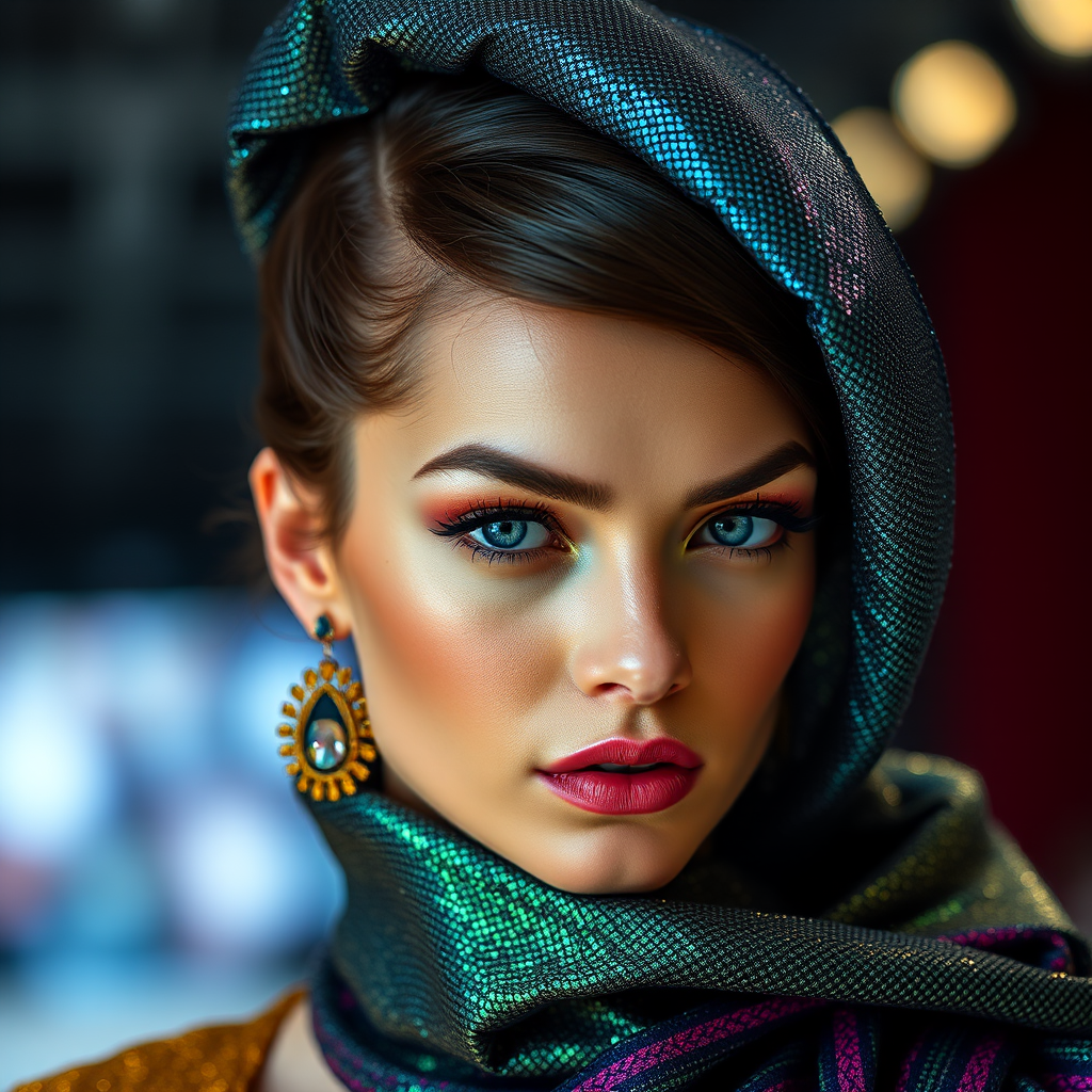 Runway capture, a beautiful model, vibrant colors, metallic textures, high fashion editorial , a 100mm macro lens to get extreme close-ups of intricate details like fabric stitching, accessories, or makeup artistry