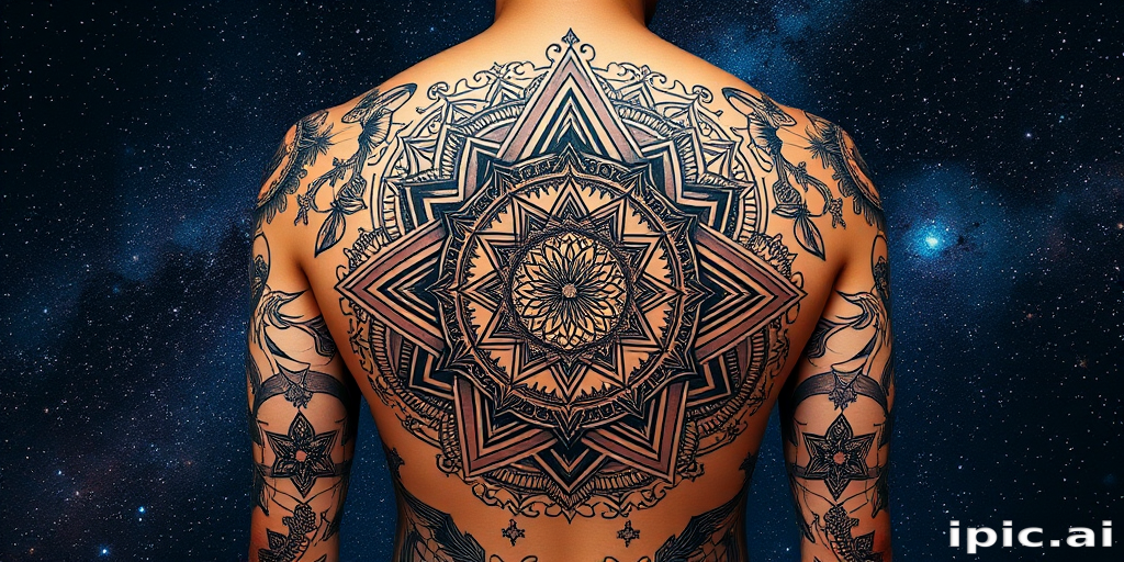 Cosmic sacred geometry tattoo incorporating intricate mandalas and fractal patterns, blending seamlessly with a starry night sky backdrop for a mesmerizing full-back masterpiece