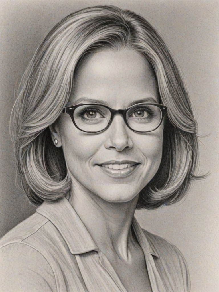 Attractive Katie Couric, pencil sketch, portrait of Enchanting woman 1932s in glasses, hair style beatnik, outline, clear lines, fine lines, 8k