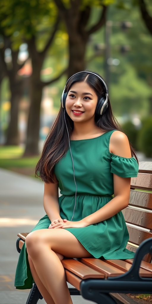 Capture a candid street photography moment of a young woman sitting on a bench in a park, wearing a green dress and headphones, using a shallow depth of field with a Canon EOS R5, 50mm f/1.2 lens, ISO 100, f/2.8, natural light, vibrant colors, and soft bokeh background.