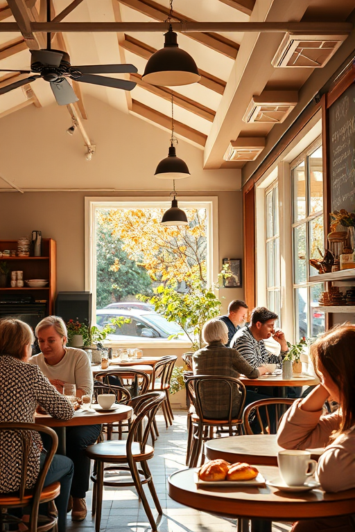 Cafe filled with the aroma of freshly baked pastries, with people enjoying breakfast, sunlight streaming through the windows, and the soft hum of conversation.