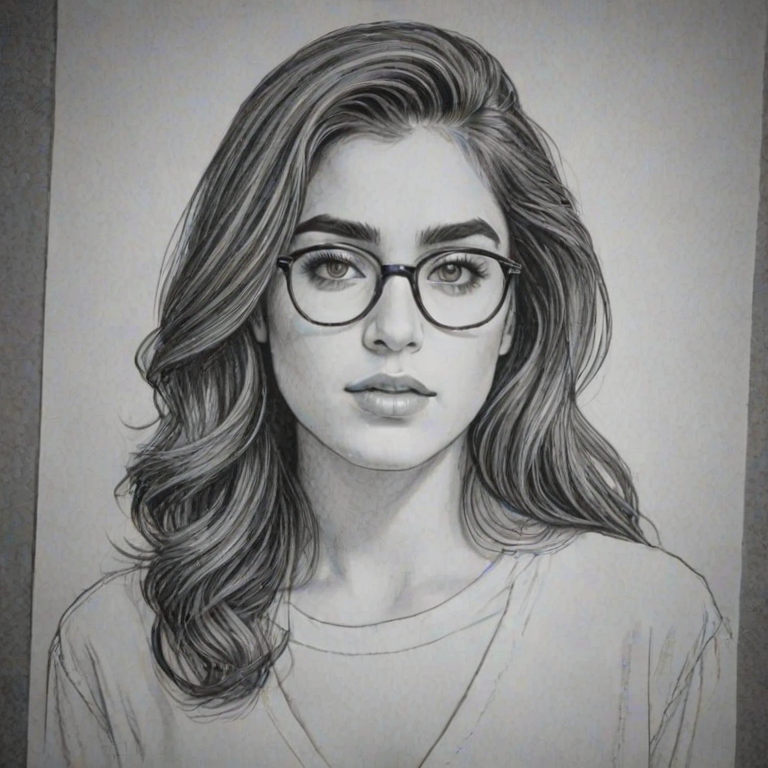 Fetching Lauren Jauregui, pencil sketch, portrait of Delightful woman 1978s in glasses, hair style beatnik, outline, clear lines, fine lines, 8k