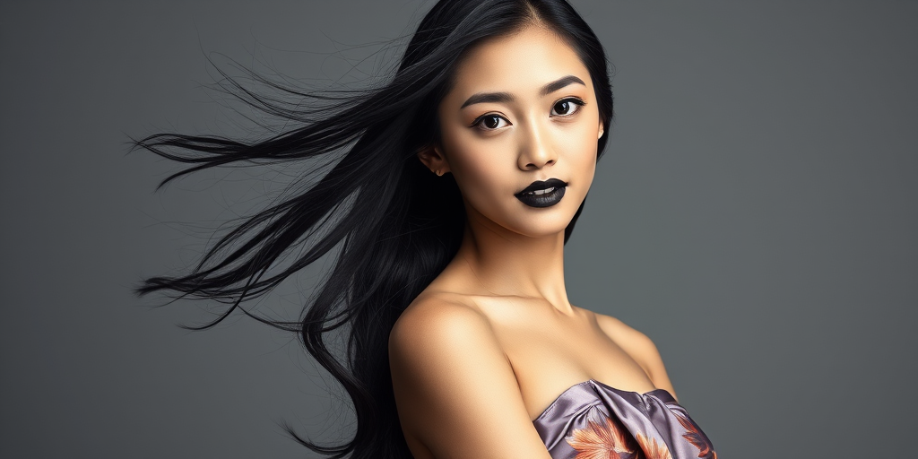 Photographic image of a beautiful young Asian woman, blue eyes, lips with black lipstick, long hair fluttering in the wind and wearing a silk strapless dress with a soft purple and orange print. monochrome image with only color highlights in the iris of the eyes, lipstick and dress. Gray background.