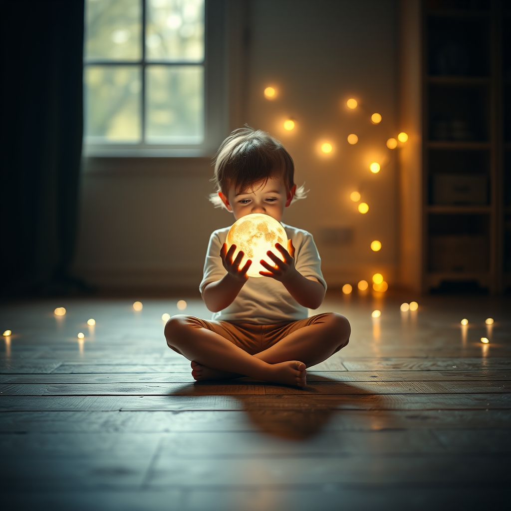 A child sitting cross-legged on a wooden floor in a dimly lit room, gently holding a glowing moon, surrounded by sparkling light orbs, shot in a soft focus with a Canon EOS 5D Mark IV, 50mm lens, f/2.8 aperture, ISO 400, 1/60s shutter speed, natural light atmosphere.