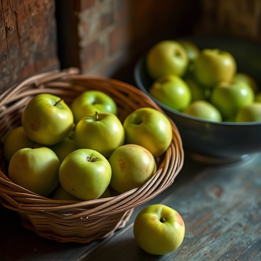 regenerate the image featuring a rustic setting with a basket of green apples next to a bowl, lighting softly illuminating the scene, shot with a DSLR camera, 50mm lens, aperture f/2.8, ISO 100, natural light, shallow depth of field for enhanced focus on the objects