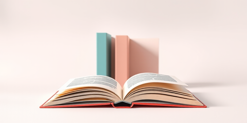 Create a minimalist illustration of an open book in the foreground with two closed books behind it, all featuring pastel colors on a light background, captured with a Canon EOS R5 using a 50mm lens, aperture f/2.8, ISO 100, and a soft focus effect to enhance depth and detail.