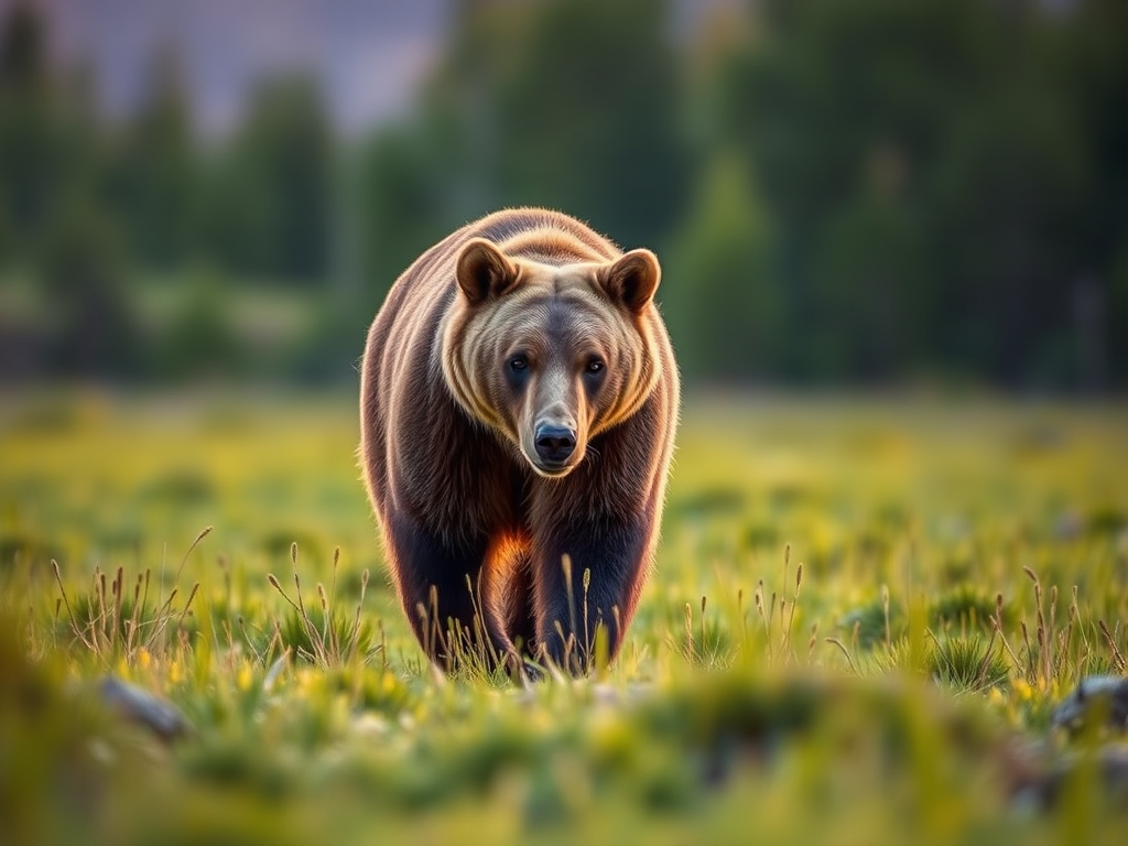 Capture a close-up shot of a grizzly bear walking through a lush green field during golden hour with soft focus background, using a DSLR camera with a 70-200mm lens at f/4, ISO 200, and shutter speed of 1/500 seconds.