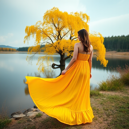 Capture a serene landscape featuring a woman in a flowy yellow dress standing by a tranquil lake with a vibrant yellow tree, using a DSLR camera, shot from a low angle to emphasize the dress movement, with a wide aperture of f/2.8 for a soft background blur, and set to ISO 100 for maximum detail and clarity.