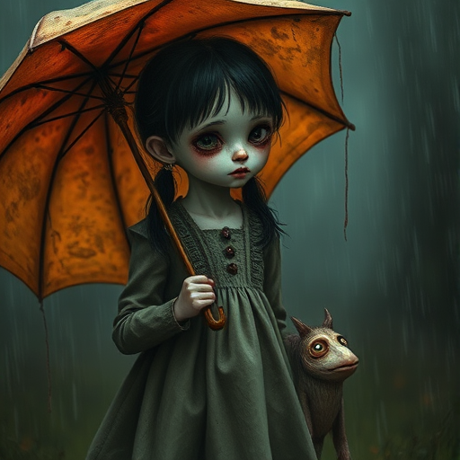 An eerie, weird little girl with dark hair in thin pigtails, wearing a smock dress, standing in the rain, holding a dirty orange umbrella, a small, odd creature beside her. In a surreal style inspired by Nicoletta Ceccoli and Brian Froud. Dark fantasy themes