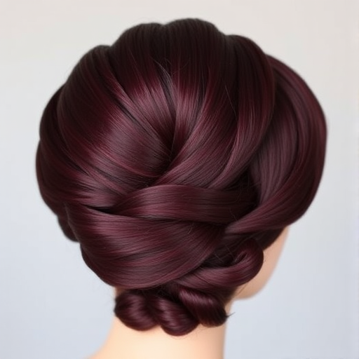 Deep burgundy hair fashioned into a classic French twist called "Bordeaux Elegance," showcases a smooth, polished finish with subtle volume at the crown, exuding timeless sophistication and refinement