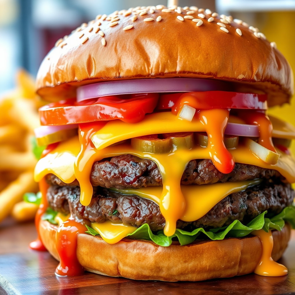 High-resolution, close-up image of a gourmet double cheeseburger. The burger features a glossy, sesame-seed-topped brioche bun. Inside, there are two thick, juicy beef patties, each topped with melted cheddar cheese. The burger is garnished with fresh lettuce, tomato slices, diced onions, and pickles. A generous amount of ketchup and a creamy, orange-colored sauce is dripping down the sides, adding to the mouth-watering appeal. In the background, there are blurred elements including a side of golden French fries and a hint of a beverage, enhancing the overall presentation of a delicious meal.