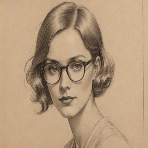 Stunning Diane Farr, pencil sketch, portrait of Charming woman 1925s in glasses, hair style beatnik, outline, clear lines, fine lines, 8k