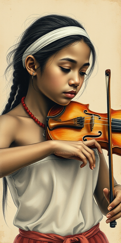 a young Fijian woman with a white headband playing a violin, in the style of a charcoal drawing, sepia grunge background
