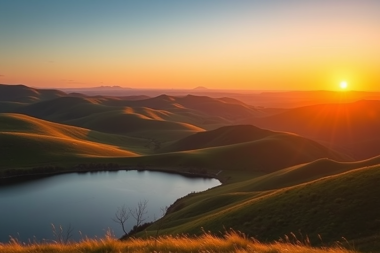 Create a high-resolution image of a serene landscape at sunrise, featuring rolling hills and a calm lake, captured with a Canon EOS R5 using a 24-70mm f/2.8 lens, aperture set to f/8, ISO 100, shutter speed 1/125s, in landscape orientation with a focus on vivid colors and sharp details.