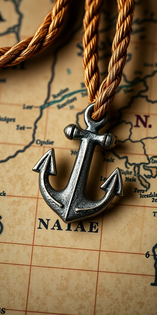 Close-up of a textured anchor pendant on a rustic rope, resting on an ancient world map, soft natural lighting, shallow depth of field, f/2.8 aperture, 50mm lens, ISO 200, DSLR camera, top-down view.
