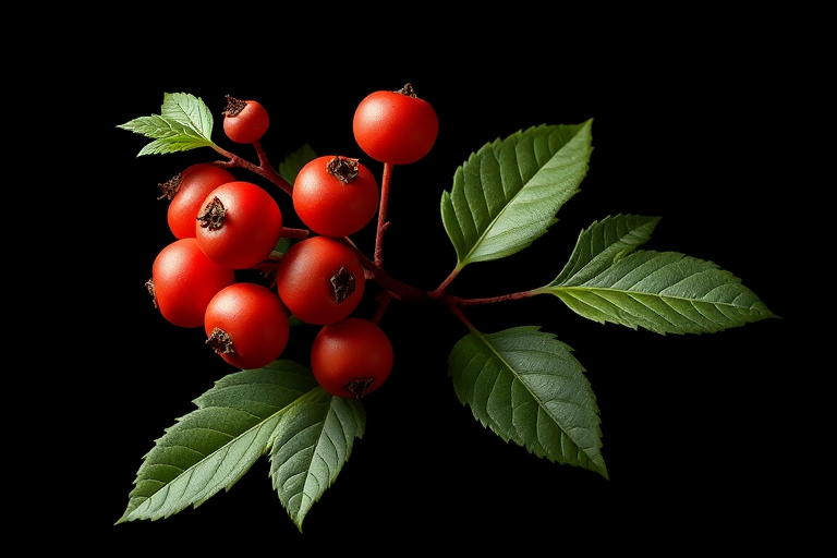 generate a high-quality digital illustration of a stylized plant with round berries and delicate leaves on a dark background, using a Canon EOS R5, 50mm lens, f/2.8 aperture, ISO 100, capturing in soft natural light for enhanced detail and color depth