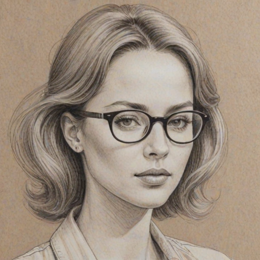Appealing Sofia Vassilieva, pencil sketch, portrait of Fetching woman 1977s in glasses, hair style beatnik, outline, clear lines, fine lines, 8k