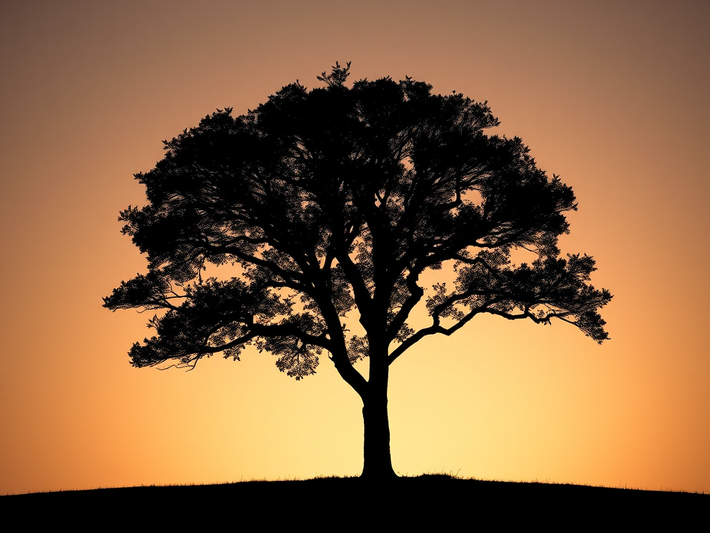 A high-resolution image of a stylized silhouette of a tree on a plain background, captured with a Canon EOS R5, 50mm lens, f/1.8 aperture, ISO 100, in soft, diffused lighting.