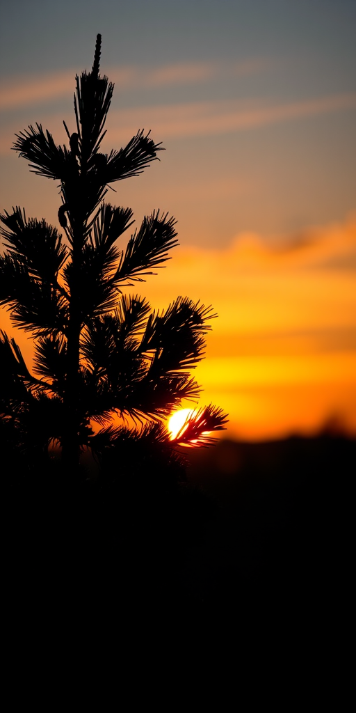 Generate a high-resolution image of a silhouette of a pine tree against a sunset background, using a DSLR camera with a 50mm lens, aperture set to f/2.8, ISO 100, and a slight vignette effect for depth.