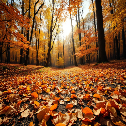 autumn forest path with fallen leaves in vibrant orange and yellow hues, soft sunlight filtering through trees, low angle shot, shallow depth of field, ISO 100, f/2.8, 1/60 sec, DSLR camera, wide-angle lens
