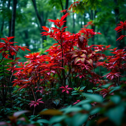 A vibrant rain-soaked forest scene with lush red and green foliage, low angle shot, f/2.8 aperture, 50mm lens, ISO 200, shallow depth of field, soft bokeh background, high dynamic range, natural lighting with dramatic contrasts.