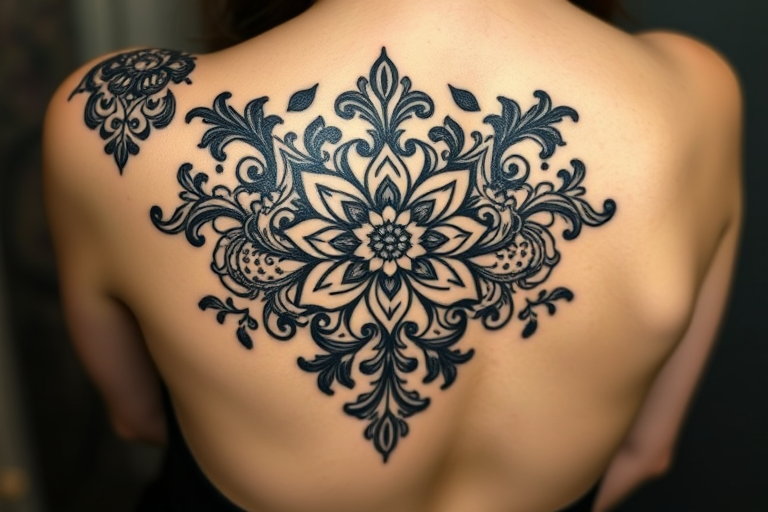 Ornamental blackwork tattoo titled "Lace Elegance" showcasing intricate floral and paisley patterns inspired by delicate lacework and filigree designs with solid black ink filling negative spaces to create a bold contrast against the skin incorporating symmetry and repetition to form a cohesive and visually stunning piece that mimics the appearance of jewelry or fabric on the body