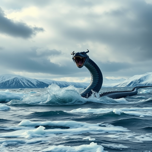 A mythical sea serpent emerging from icy waters, dramatic clouds overhead, snowy mountains in the background, shot with a Nikon D850 at f/8, ISO 100, 24mm lens, dynamic wide-angle view, cinematic style.