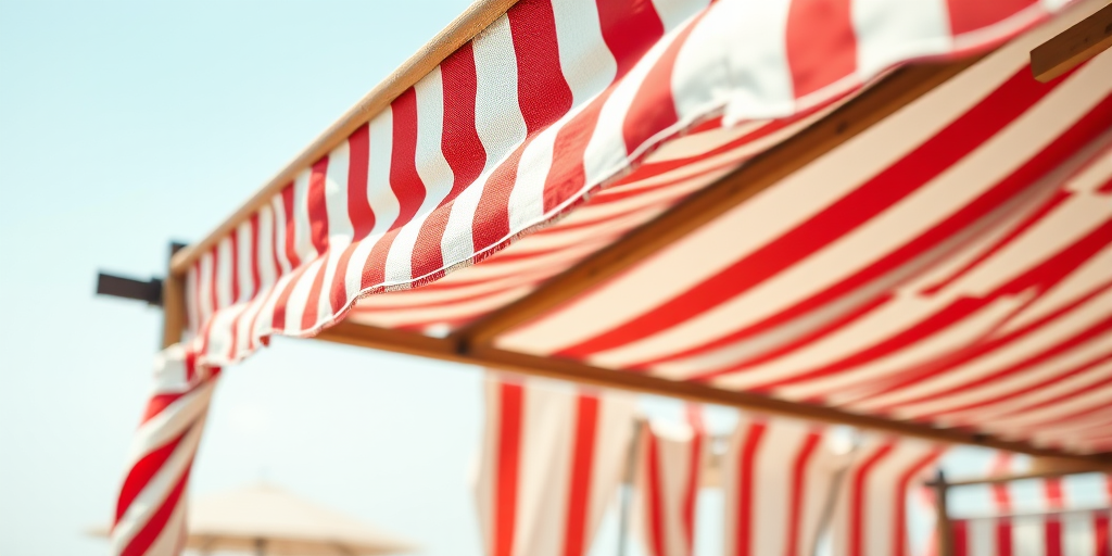 Create a high-resolution image of a beach cabana with red and white striped fabric, focusing on the intricate details of the wood frame and fabric texture, shot with a DSLR camera at f/2.8 aperture, ISO 100, 50mm focal length, soft natural lighting from the side, and a shallow depth of field to enhance visual impact.