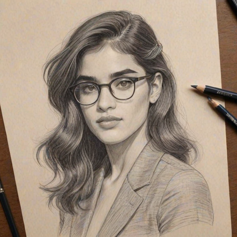 Graceful Sofia Boutella, pencil sketch, portrait of Fetching woman 1941s in glasses, hair style beatnik, outline, clear lines, fine lines, 8k