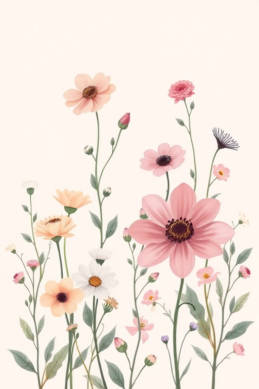 Create a high-quality illustration of various flowers and leaves in a minimalist style with a soft pastel color palette, using a digital painting technique, with 300 DPI resolution, viewed from a slightly angled top-down perspective to enhance depth.