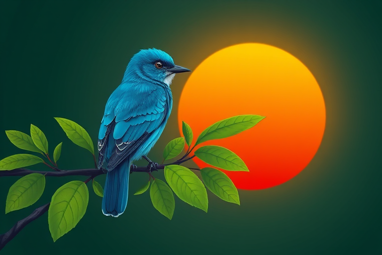Create a digital illustration of a stylized blue bird perched on a branch with vibrant green leaves against a deep green background, capturing a bold orange sun setting in the background, using a 50mm lens, f/2.8 aperture, ISO 100, soft focus photography style, with a DSLR camera.