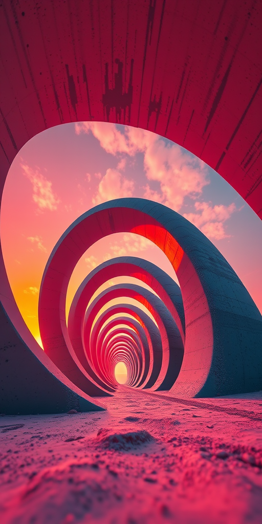 Create a vibrant, abstract landscape featuring spiral structures and glowing orange light, using a wide-angle lens, f/8 aperture, ISO 100, and a full-frame DSLR to enhance image clarity and detail, captured from a low-angle perspective to emphasize depth and scale.