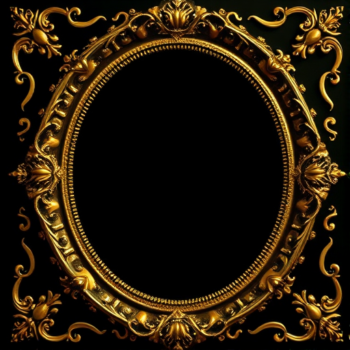 Create an ornate vintage frame with intricate gold designs on a black background, using a macro lens, ISO 100, f/2.8 aperture, 50mm focal length, Soft focus style, high dynamic range imaging.