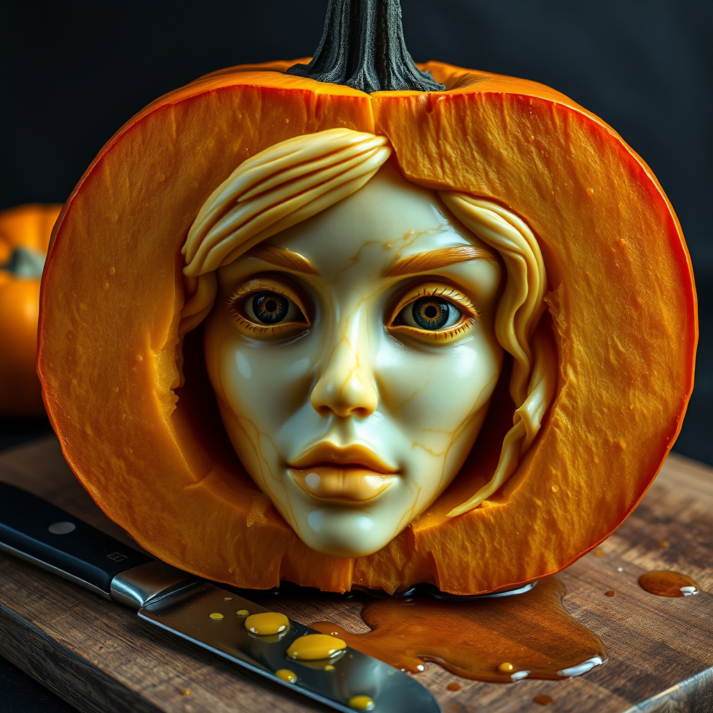 A hyperdetailed photorealistic macro color saturated high resolution image of a pumpkin cut in half, with the pumpkin pit being a highly detailed sculpted woman's face with her eyes open and pumpkin-colored irises. The face has a marble texture. The image includes condensation, moisture, and pumpkin juice. The pumpkin is on a wooden cutting board with a small fruit knife nearby, also covered with juice.
