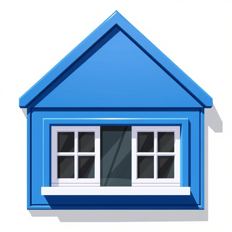 Create a high-resolution digital illustration of a stylized blue house sign with two windows, featuring a reflective surface, using a DSLR camera, focal length of 50mm, aperture f/8, ISO 100, captured in natural daylight with a slight angle for depth.